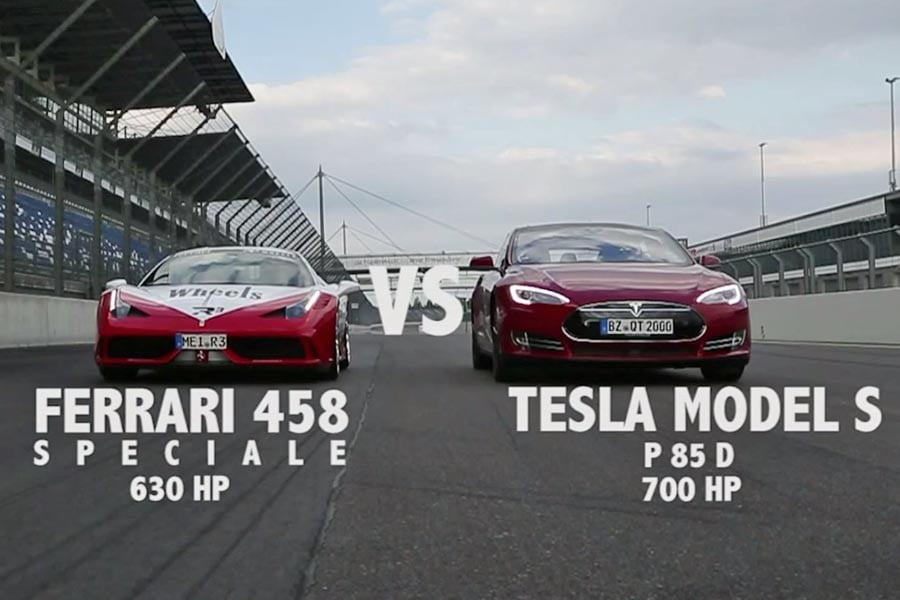 Ferrari 458 Speciale 630hp VS Tesla Model S P85D 700hp (video)