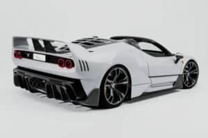 Ferrari V4X Spyder Venuum Concept | White elevated rear three-quarter view