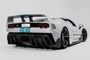 Ferrari V4X Spyder Venuum Concept | White and turquoise rear three-quarter view