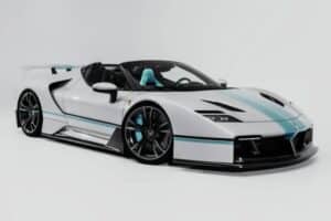Ferrari V4X Spyder Venuum Concept | White and turquoise front three-quarter view  02