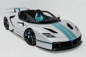 Ferrari V4X Spyder Venuum Concept | White and turquoise elevated front view  02